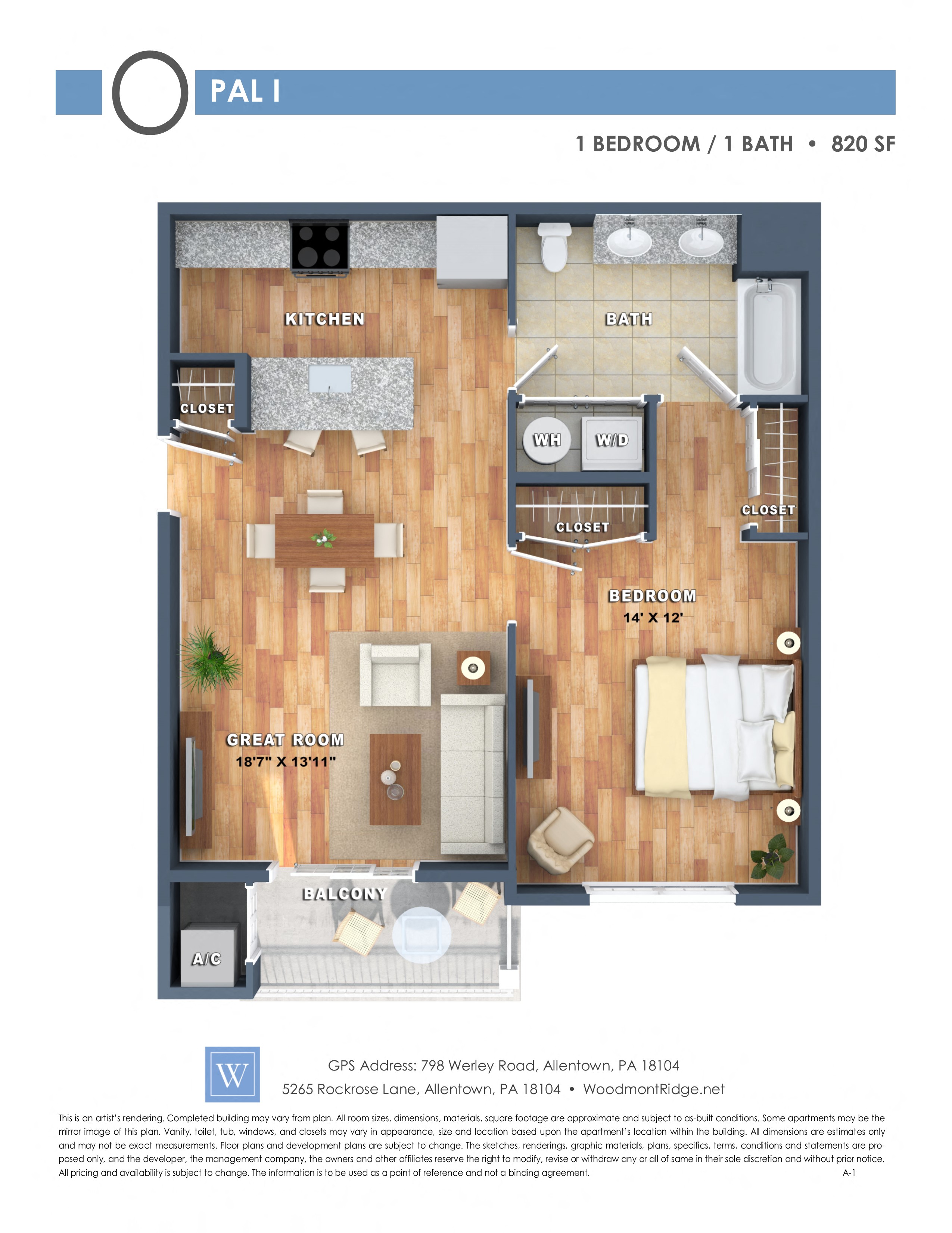 Floor plan for 1 bed, 1 bath, 820 sqft